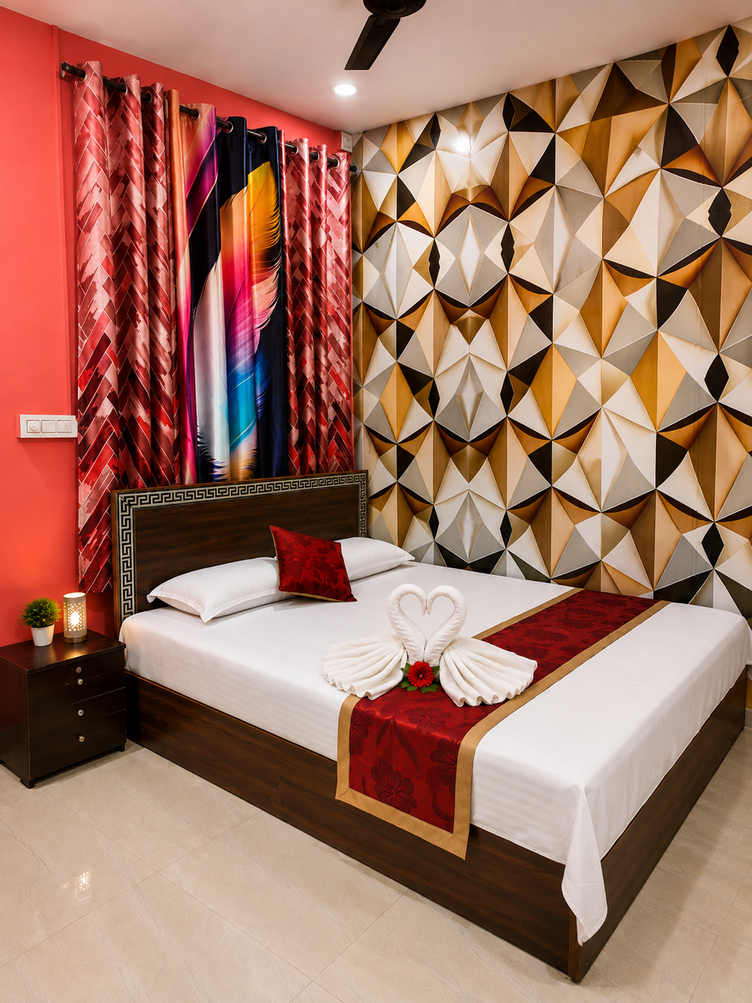 Room with 3D geometric cube wallpaper and double bed